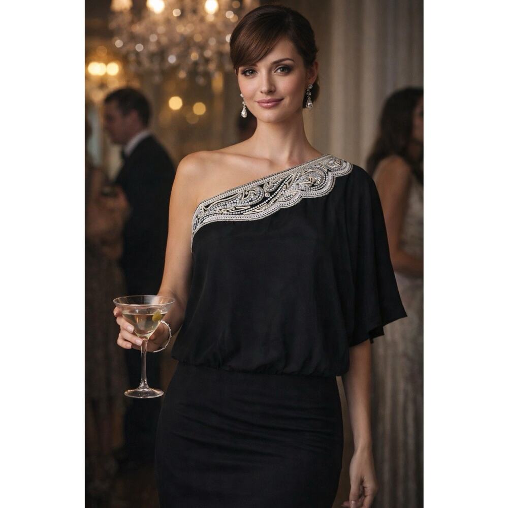 White House Black Market Black Embroidered 100% Silk One-Shoulder Blouse Size 6